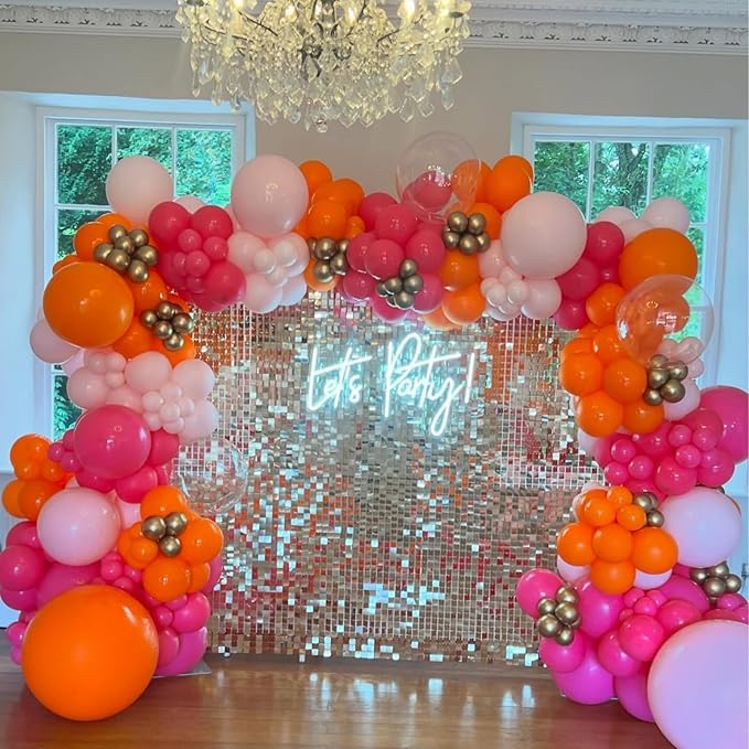 Pink Orange Party Decorations,Hot Pink Gold Birthday Decorations Happy Birthday Banner Cake Topper Star Heart Foil Balloon for Girls Women Kids Party Decor