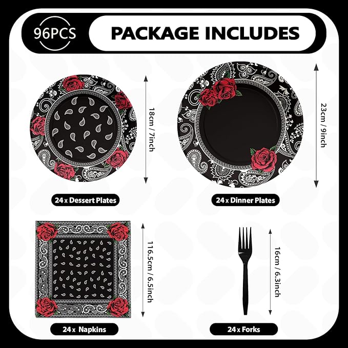 96PCS Black Bandana Western Party Decorations Cholo Gangsta Party Plates Disposable Black Bandana Tableware Set for Early 2000s Cholo Theme Western Birthday Party Supplies, Serves 24