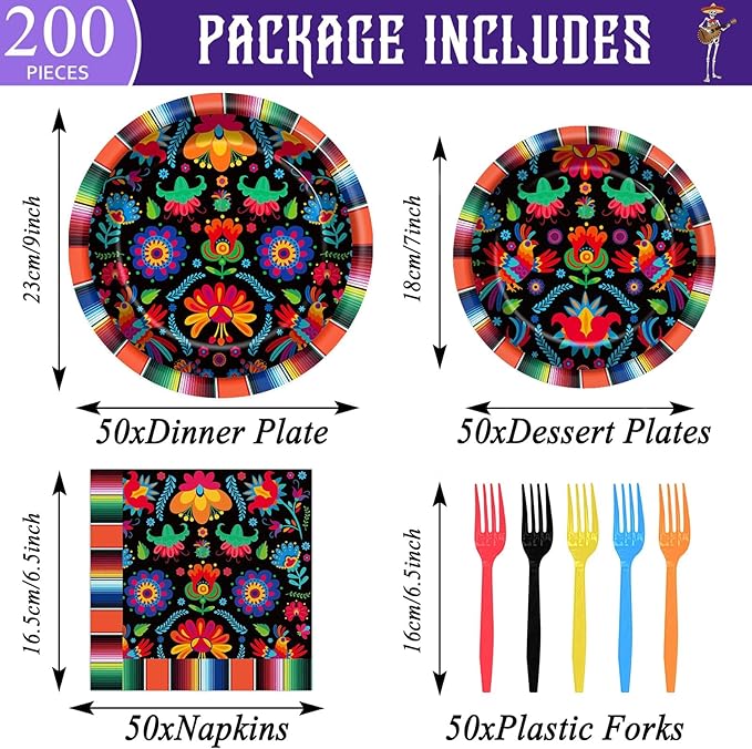 50 Guests Mexican Fiesta Plates and Napkins Party Supplies Mayo Datura Flower Party Decorations Disposable Tableware Set Day of The Dead Dinnerware Favor for Pinata Taco Theme Decor, 200PCS