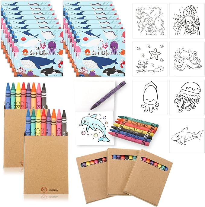 270 Pcs Under the Sea Mini Coloring Books Bulk with 30 Pcs 8 Colors Crayons Ocean Animals Coloring Book DIY Art Drawing Book Set for Kids Activities Party Favors DIY Craft