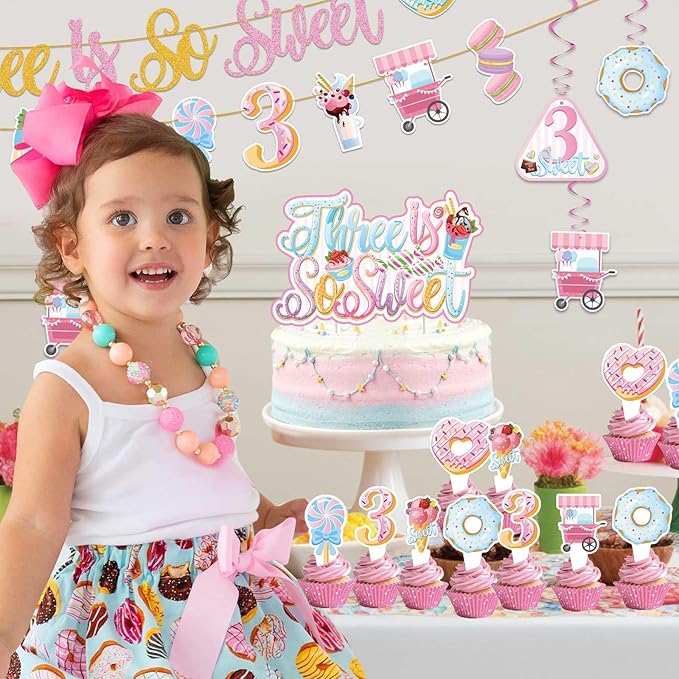 3rd Happy Birthday Decorations for Girls- third pink birthday decorations, ice cream birthday party decor With Donut Banner Sweet Cake Topper 3rd Foil Balloon For Three Donut Themed Party