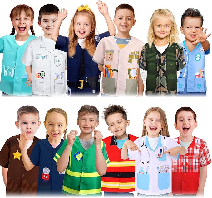 Jiuguva 12 Pcs Kids Role Play Dress up Clothes Community Helper Career Costumes for Toddler Pretend Play Firefighters Police Doctors Nurse Halloween Costume Cosplay Set for Kids over Age 6