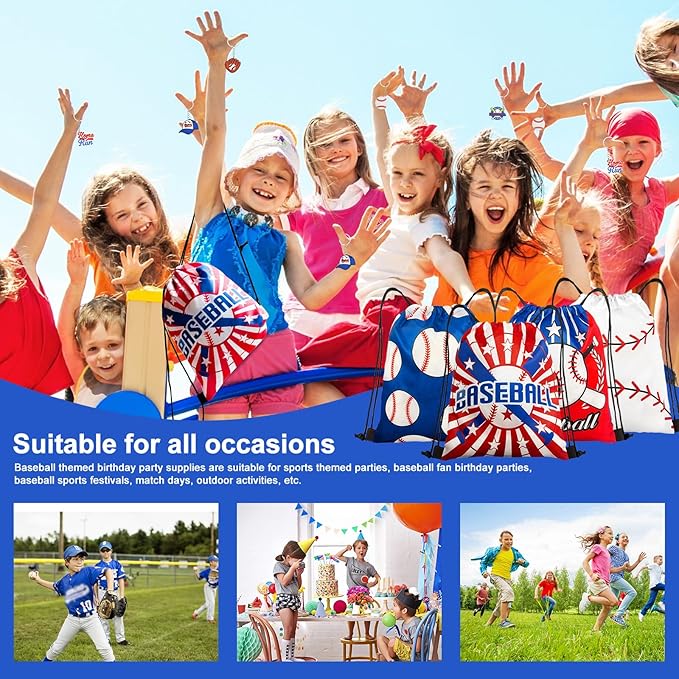 110Pcs Baseball Party Favors Drawstring Bags Baseball Goodie Bag with Mini Ball, Wristband, Slap bracelets, Keychains, Stickers for Baseball Party Supplies