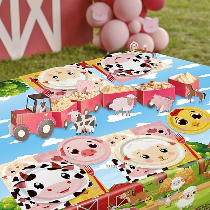 Farm Birthday Party Plates Set for 20 Guests, Including Animals Tablecloth, Napkins, Forks and Plates for Baby Shower Farm Birthday Decorations