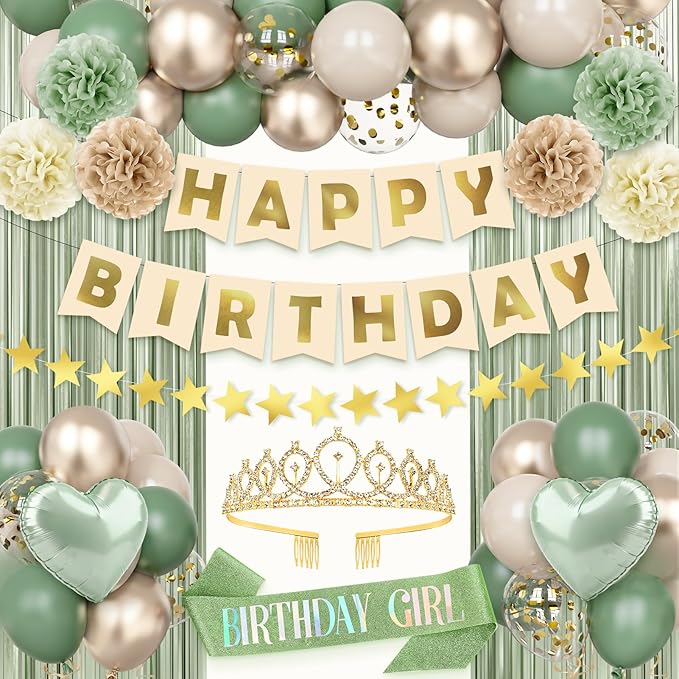 Sage Green Birthday Decorations for Women Girls, 44Pcs Nude Retro Green Party Supplies Include Birthday Girl Sash Crown Banner Fringe Curtain for Women Birthday Decorations