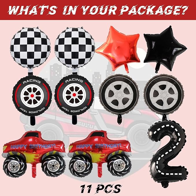 Monster Truck Balloons Party Decorations - 11 Pcs Black Birthday Number 2 Foil Tire Balloons Decor For Boys Girls 2nd Birthday Race Car Themed Party Supplies