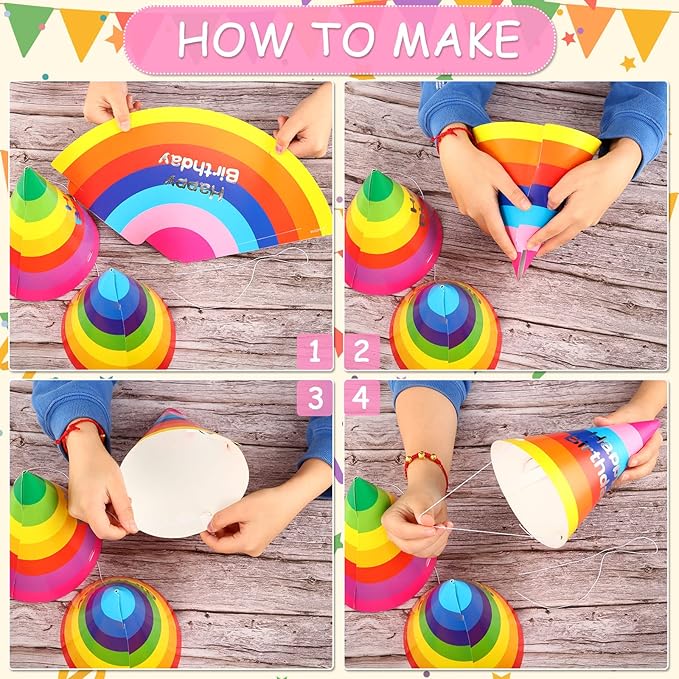 Geyoga 100 Pieces Rainbow Birthday Party Hats for Kids and Adults Colorful Paper Cone Hats Bulk Party Supplies