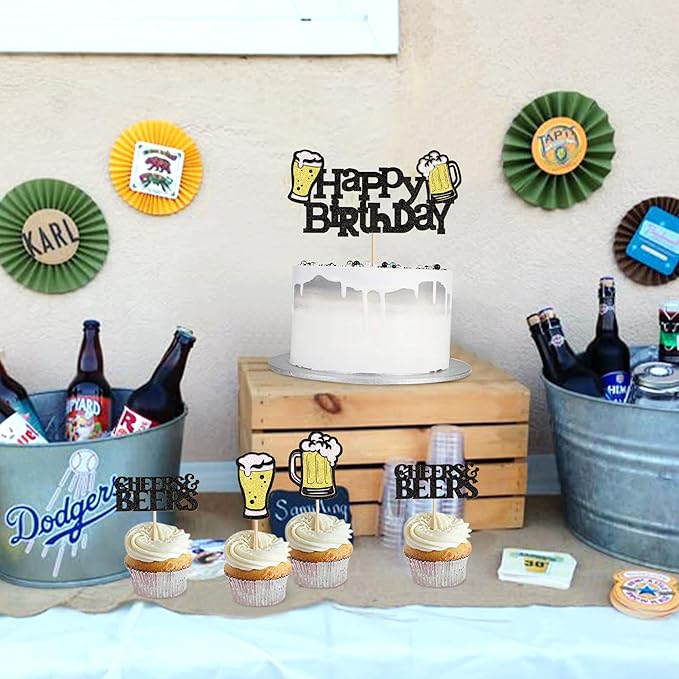 Ercadio 25 PCS Beer Party Cupcake Toppers Cheers and Beers Happy Birthday Decor for Beer Kegs Cake Topper Favor for Summer Family Party Decor Supplies