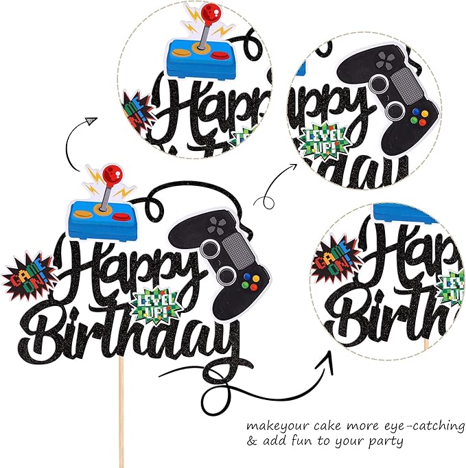 1 PCS Video Game Happy Birthday Cake Topper Glitter Video Game Cake Pick Game On Controllers GamePad Cake Decoration for Game Theme Baby Shower Kids Boys Girls Birthday Party Supplies Black