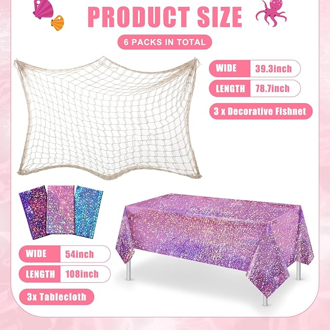 Unittype 6 Pcs Fish Net Decorative and Tablecloth Set, Cotton Fishnet and Plastic Table Cover Decorations Set for Nautical Themed Party Baby Shower Pirate Decorations Mermaid Party(Laser Shine)