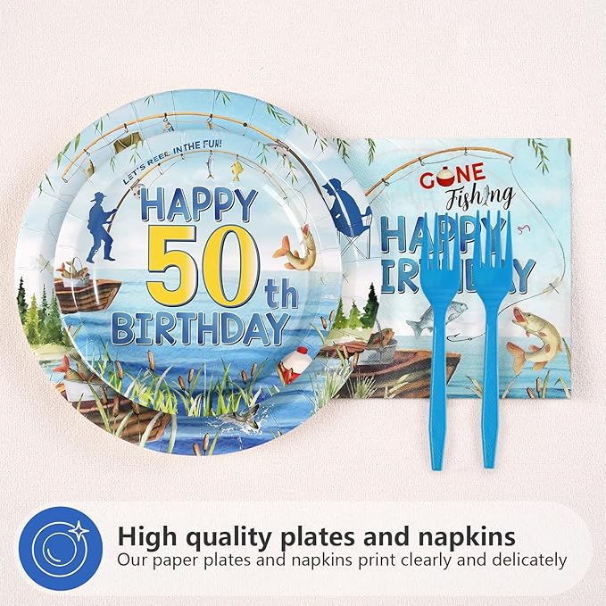 96Pcs Fishing 50th Birthday Party Decorations 50 Years Old Paper Plates and Napkins Disposable Gone Fishing Fifty Tableware Set for Fisherman Happy 50th Birthday Party Supplies, Serves 24
