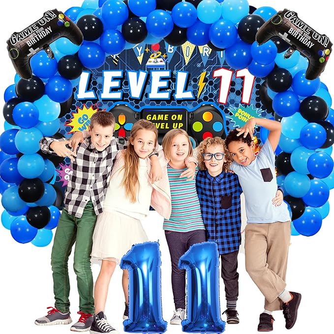 Vlipoeasn 90PCS Video Game Party Decorations for Boys Set Blue - 11th Birthday Supplies - Video Game Backdrop, Balloons, Tablecloth, Gamer and Foil Balloons