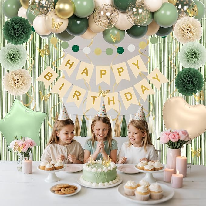 Sage Green Birthday Party Decorations for Women Girls, Green Olive Gold Sand White Confetti Foil Balloons Happy Birthday Banner Fringe Curtain Hanging Swirls Circle Dots Tassels Pompoms Party Supplies
