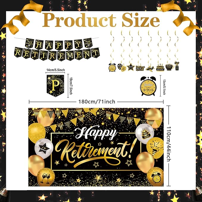 Happy Retirement Party Decorations for Men Women, Black and Gold Happy Retirement Banner, 71x43 Inch Retired Backdrop, 8pcs Hanging Swirls, Farewell Party Supplies