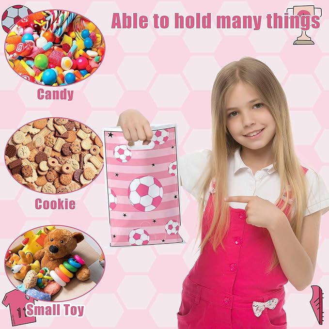 50Pcs Pink Soccer Party Favor Bags, Soccer Theme Plastic Candy Goodie Treat Gift Bag with Handles Football Team Sport Party Supplies Birthday Decoration Gift for Football Lovers