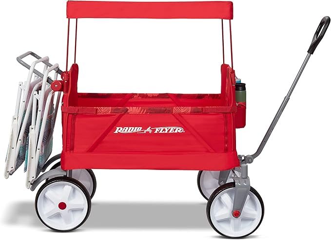 Radio Flyer Beach & Boardwalk 3-in-1 EZ Fold Wagon, for Kids 1.5+, UV Shade, One-Hand Flat Fold, Seats 2 or Converts to Bench, DuraClean Fabric, Beach Tires, 150 lb Capacity, Wagon for Kids & Cargo