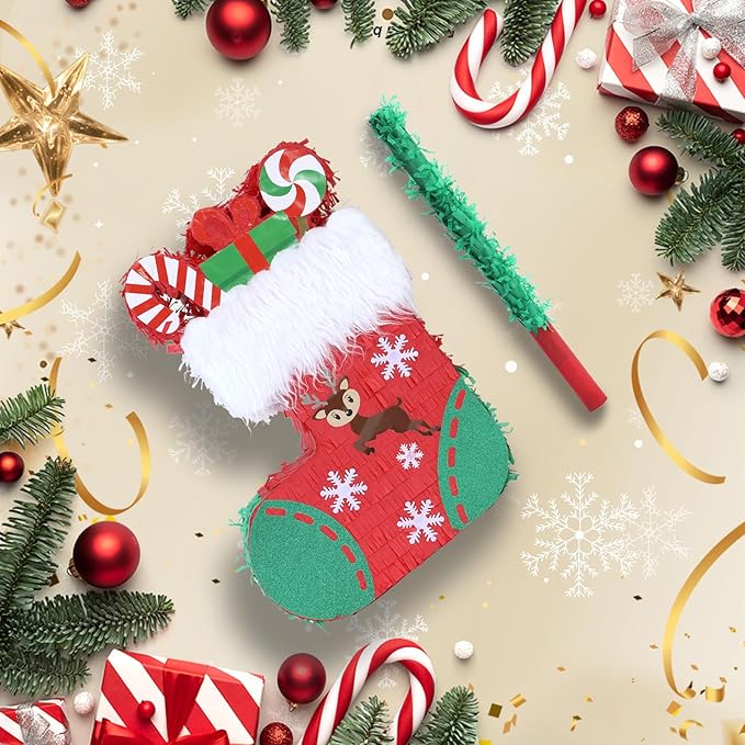Christmas Socks Pinatas Bundle with a Blindfold and Bat (16.5x12.5x4 Inches), Holiday Theme Piñata, Christmas Party Supplies, Xmas Piñata, Party Decoration
