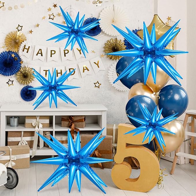 10 Pcs Blue Star Balloons Explosion Starburst Balloons Foil Cone Balloon Magic for Birthday Wedding Anniversary Party Backdrops Decorations Supplies, 6 Pcs 22Inches and 4 Pcs 27Inches