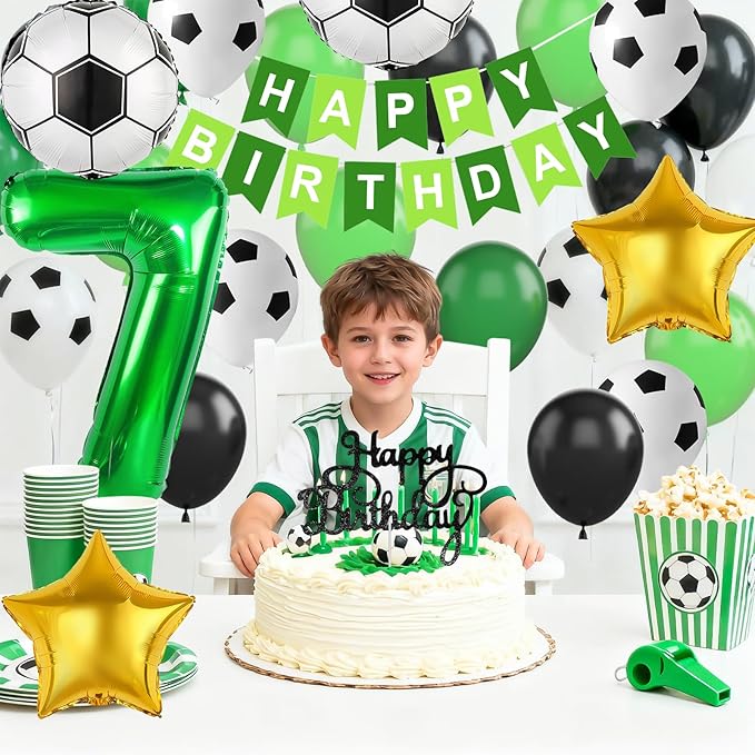 Soccer Party Decorations for Boys, 7th Soccer Birthday Decoration with Green Black White Balloons 'HAPPY BIRTHDAY' Banner Cake Toppers 32in Foil 7 Balloon for Boys Men Birthday Decor