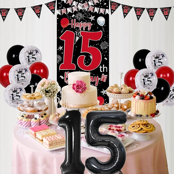 Red Black 15th Birthday Decorations for Boys Girls, Happy 15th Birthday Decorations Boy, 15 Birthday Party Door Banner Decor, Triangle Flag, Large 15 Balloons Bday Decor for 15 Year Old Teenagers