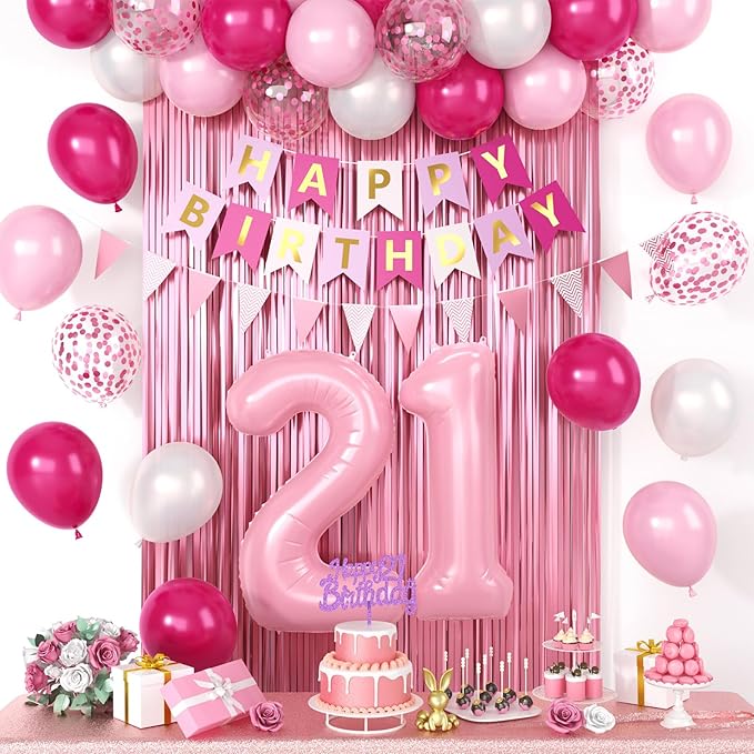 21st Birthday Decorations For Her, Pink Happy Birthday Party Decorations With Pink Confetti Hot Pink Balloons Number 21 Balloons Fringe Curtain Triangle Flag Banner Cake Topper For 21st Party Supplies