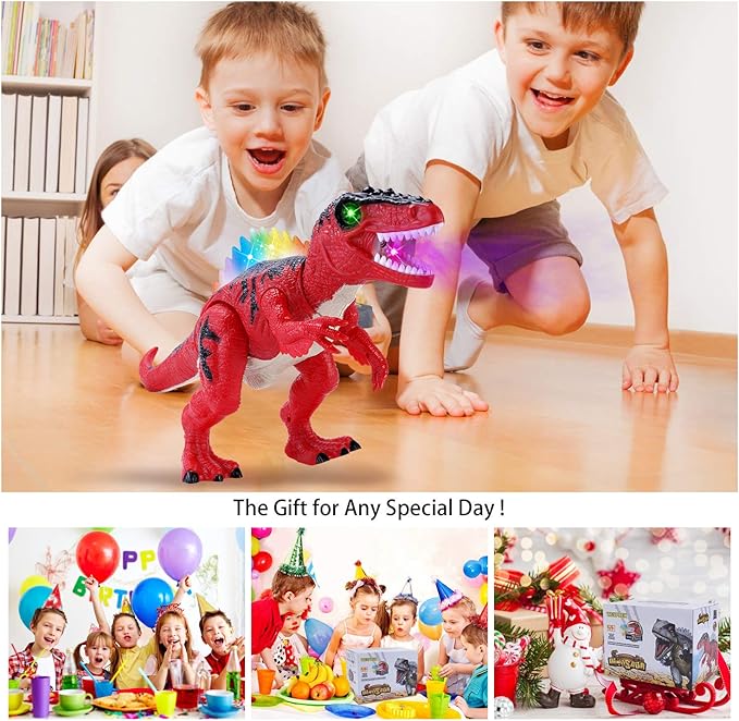 Remote Control Walking Dinosaur T-Rex with Water Mist Spray, LED Light Up Eyes & Back, Roaring Sound, Realistic Tyrannosaurus, Toy for Boys Kids Girls Ages 3 4 5 6 7 Year Old - Red