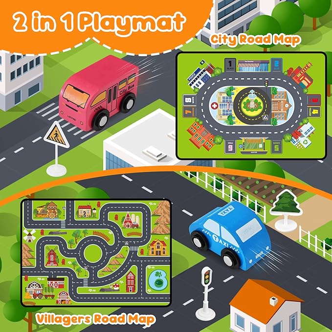Toddler Car Toys, Toy Cars for Toddlers, Wooden Cars Toys for Toddler Boy, 22 PCS Cars and Trucks Toy Vehicles Set with Playmat, Storage Box, Wood Montessori Toys for Baby Birthday Gift
