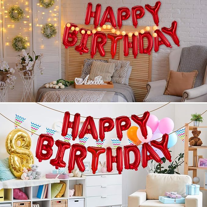 Happy Birthday Balloons Banner Red 16 Inch Mylar Foil Letters | Inflatable Party Decor and Event Decorations for Kids and Adults | Reusable, Ecofriendly Fun