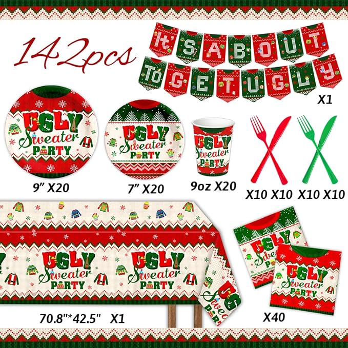 Ugly Sweater Party Decorations-142Pcs Christmas Plates Set for 20 Guests, It's About to Get Ugly Christmas Tableware Supplies