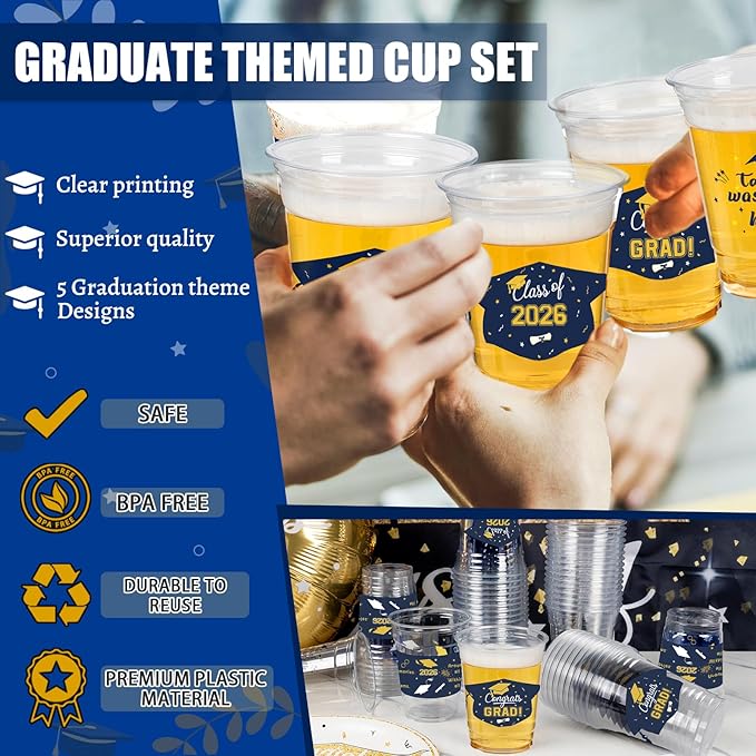GuassLee Navy Blue and Gold Graduation Decorations Class of 2026, 50 Pack 12 oz Graduation Plastic Disposable Cups for Drinks 2026 School Grad Party Favors Supplies