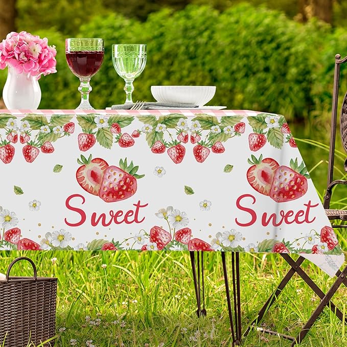 3Pcs Strawberry Tablecloth, 54 x 108 Inch Pink Checkered Plastic Tablecloth, Berry Sweet One Table Covers for Baby Shower, Strawberry Birthday Party, Berry First Birthday Decorations