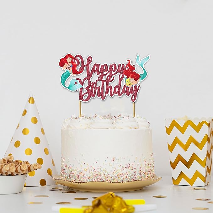 The Litle Mermaid Happy Birthday Cake Topper – Ocean Fantasy Inspired Cake Decoration with Sea Adventure, Courage, Elegant Marine Style Birthday Cake Topper for Party Celebration Décor