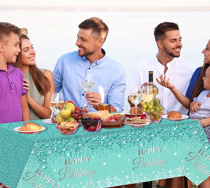 3 Pieces Teal and Silver Birthday Tablecloths for Happy Birthday Party Decorations Plastic Disposable Breakfast Blue Theme Table Covers for Girls Women Silver GlitterParty Supplies, 54 x 108 Inches