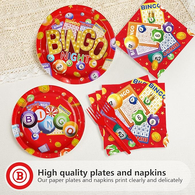 96Pcs Bingo Party Supplies Bingo Night Game Plates and Napkins Disposable Tableware Sets Bin-go Theme Birthday Party Decoration Favors for Kids Adult Casino Family Game Night Decoration Serves 24