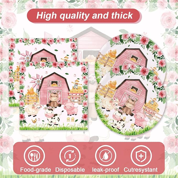 41pcs Pink Farm Party Supplies ,include 20 Plates, 20 Napkin and 1pcs Tablecloth,Used for Farm Birthday Party Decoration (Pink Farm JJJ)