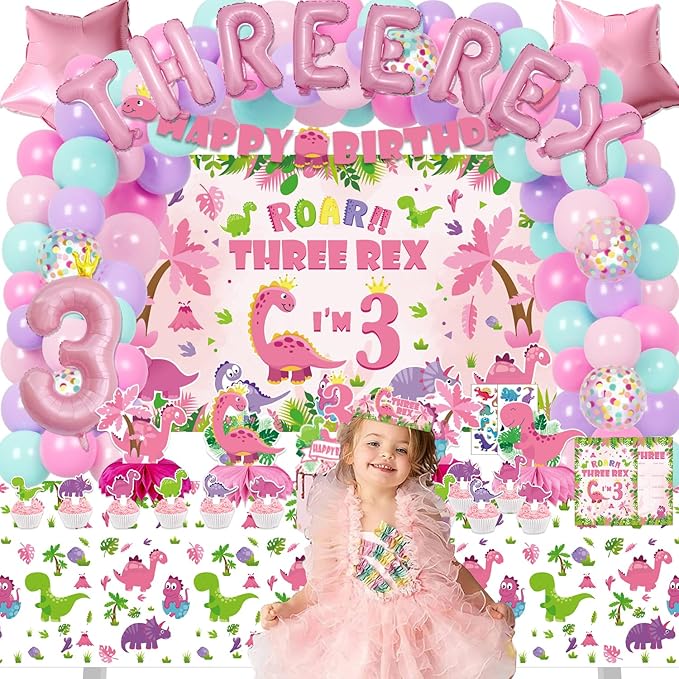 Pink Dinosaur Birthday Decorations for 3 Year Old Girls, 134 Pcs Three Dino Rex Girl Dinosaur Party Supplies for Girl - Backdrop, Toppers, Tablecloth, Centerpieces, Banner, Crown, Poster