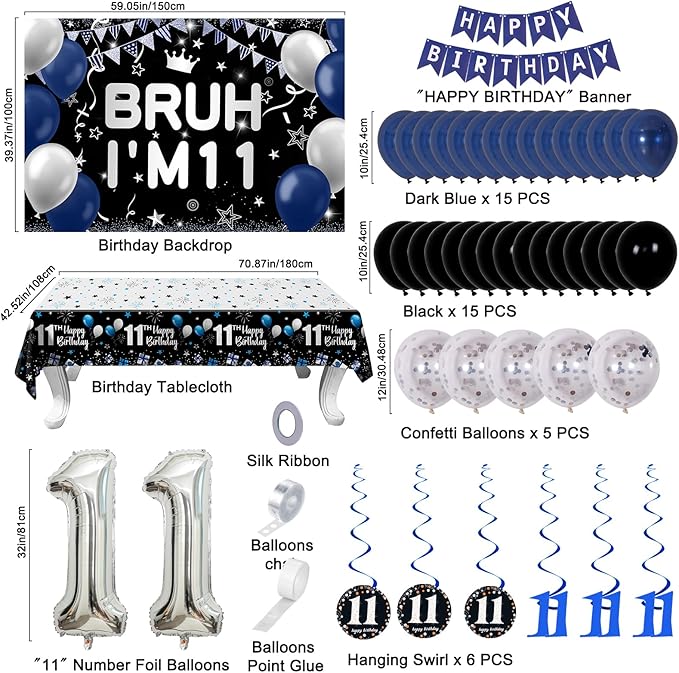 11th Birthday Decorations for Boys & Girls, 54 PCS Blue Black Party Decorations, 11 Year Old Boy Birthday Party Supplie with Banner Backdrop, Hanging Swirls, Tablecloth, Bruh I'm 11 Party Supplies