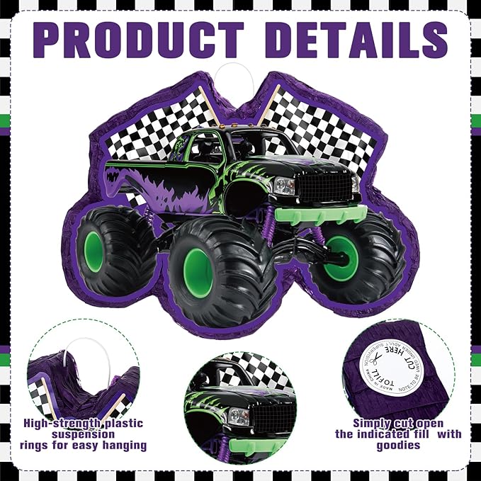 Green and Purple Truck Piñata of Monster Piñata Race Car Bundle with a Blindfold and Confetti Birthday Party Supplies Small Racing for Construction Favors Decor