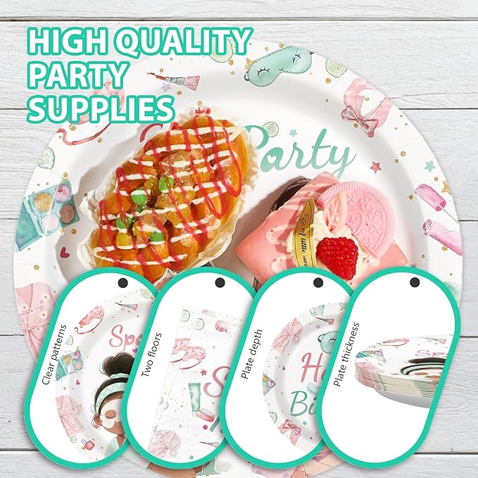 96Pcs Spa Birthday Party Supplies Slumber Sleepover Pajama Plates and Napkins Tableware Sets Pink Makeup Happy Birthday Dessert Plates Decorations Favors for Girls Baby Shower Holiday Party Serves 24