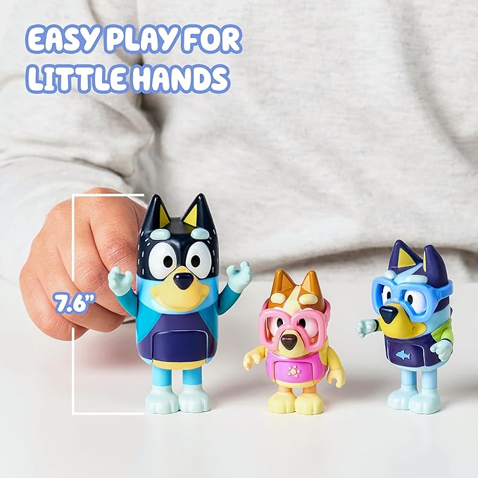 Bluey Toys 4-Pack Exclusive 2.5-3" Chilli, Bingo, Bandit Beach Figurines, Poseable Figures with Bag Outdoor Beach Toy for Kids Accessory