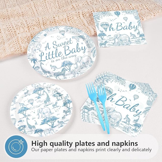 96Pcs Blue Safari Animals Baby Shower Decorations Toile De Jouy Plates and Napkins Baby is on The Way Tableware for Chinoiserie Baby Shower Gender Reveal Party Supplies Serves 24