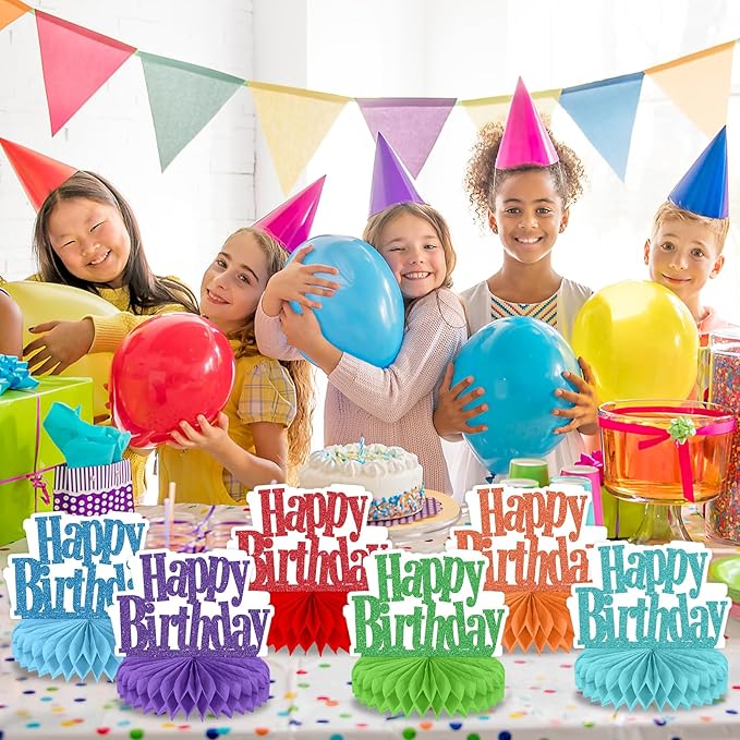 12Pcs Happy Birthday Centerpieces Colorful Birthday Party Decorations Glitter Happy Birthdays Table Honeycomb Centerpieces Decor Table Toppers Ornaments for Glitter Bday Themed Party Supplies Favors