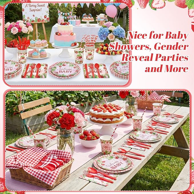 450 Pcs Strawberry Baby Shower Tableware Set Decorations A Berry Sweet Baby Paper Plates Napkins Cups Cutlery Straws for Berry Gender Reveal Birthday Party Supplies, Serves 50