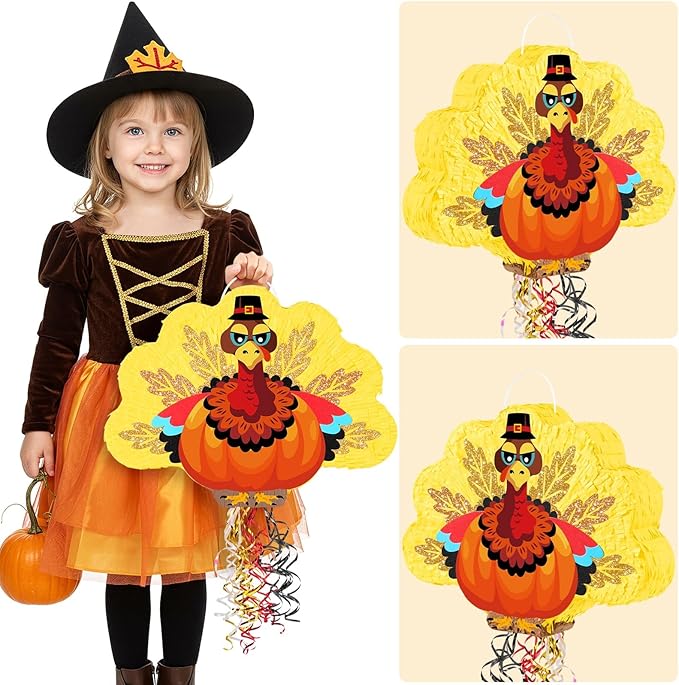WERNNSAI Thanksgiving Turkey Piñata - Fall Autumn Decorations Gentle Turkey Piñata Orange Thanksgiving Party Games Autumn Decorations for Home Fall Festival Party Favors with Blindfold