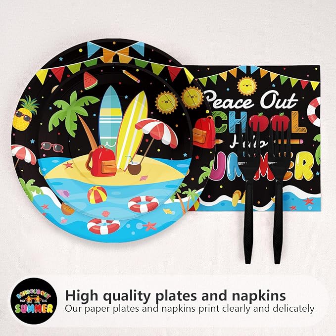 96 Pcs School's Out for The Summer Decorations Peace Out School Hello Summer Plates and Napkins End Of The School Year Tableware Set for Kids Class Of 2025 Preschool Graduation Party Supplies Serve 24