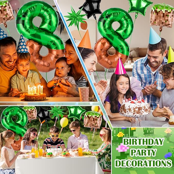 40 Inch Green Pixel Miner Number 8 Balloon Set, 7Pcs MIning Large Foil Balloon Video Game Themed Party Party Decorations for Kids' Anniversary Balloon Party Supplies Supplies