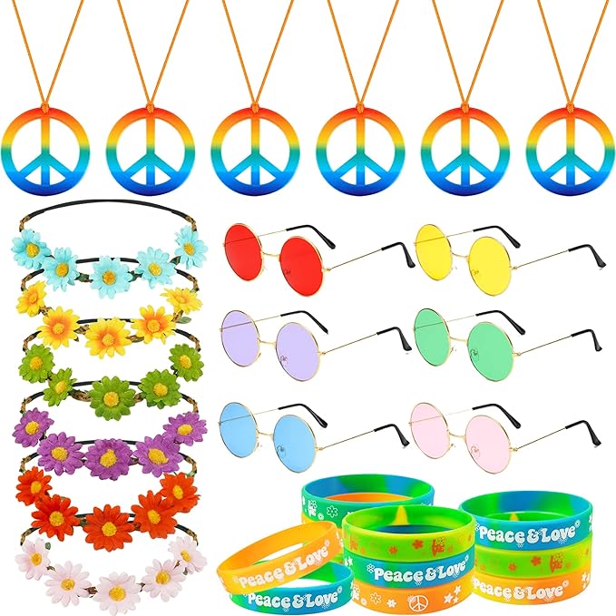 30 PCS Hippie Party Favors Retro Round Sunglasses Daisy Flower Headbands Peace Sign Necklaces Silicone Bracelets For 60s 70s Party Decorations Hippie Party Supplies