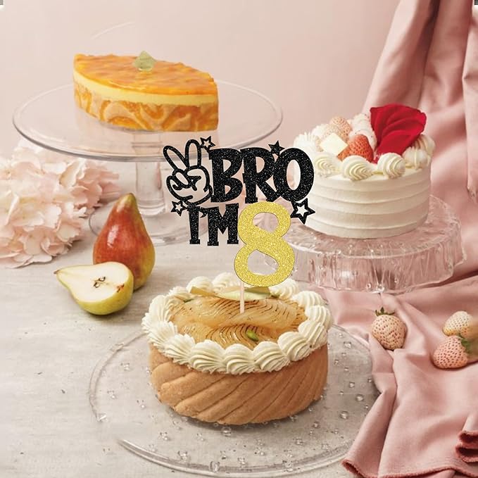 1 PCS Brother I'm 8 Cake Topper Glitter Star Happy 8th Birthday Cake Pick Bro I'm 8 Cake Decoration It's My 8th Birthday Decorations for Boys Cheers to 8 Years Old Birthday Party Supplies Gold