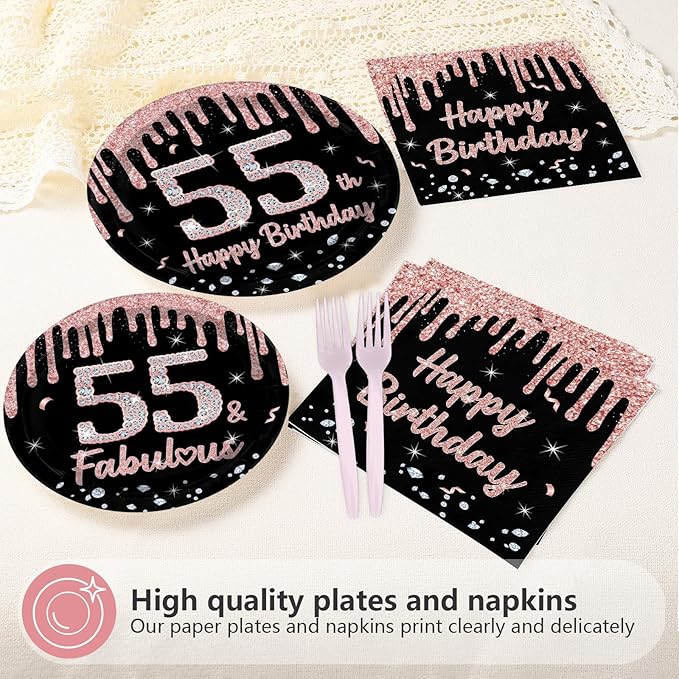 96 Pcs 55th Birthday Party Decorations Rose Gold and Black Happy 55th Birthday Paper Plates and Napkins 55 and Fabulous Tableware Sets for Women 55 Years Old Party Supplies Serves 24