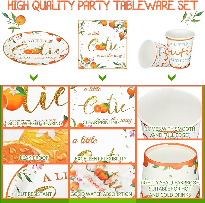 Hushee 200 Pcs Little Cutie Baby Shower Paper Plates Napkins Cups Orange Baby Shower Party Supplies Tableware Set Orange Disposable Cup Napkin for 50 Guest Girls Spring Party Decoration